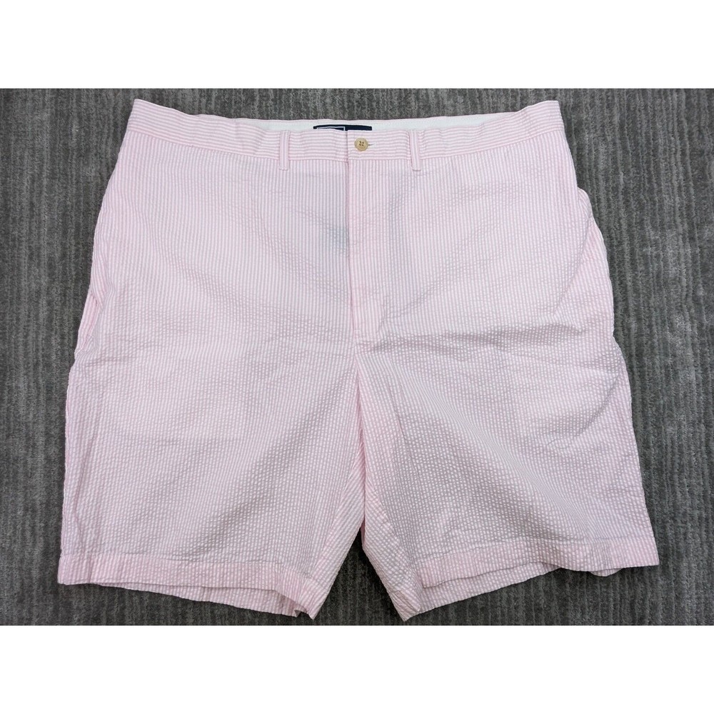 VINTAGE Polo Ralph Lauren Shorts Men 38 Pink Seersucker Flat Front Chino Bermuda